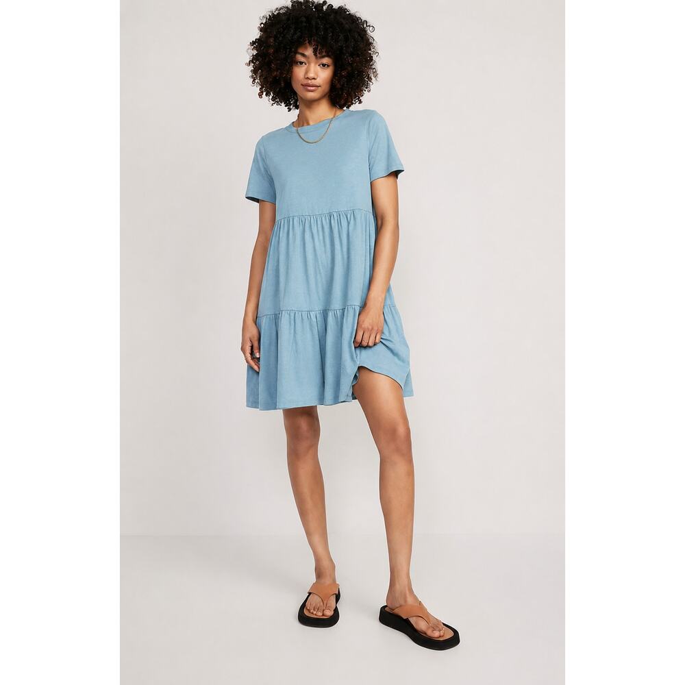 Short-Sleeve Tiered Slub-Knit Mini Babydoll Swing Dress Size L Old Navy